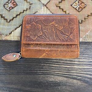 Floral Embossed Brown Leather Card Wallet